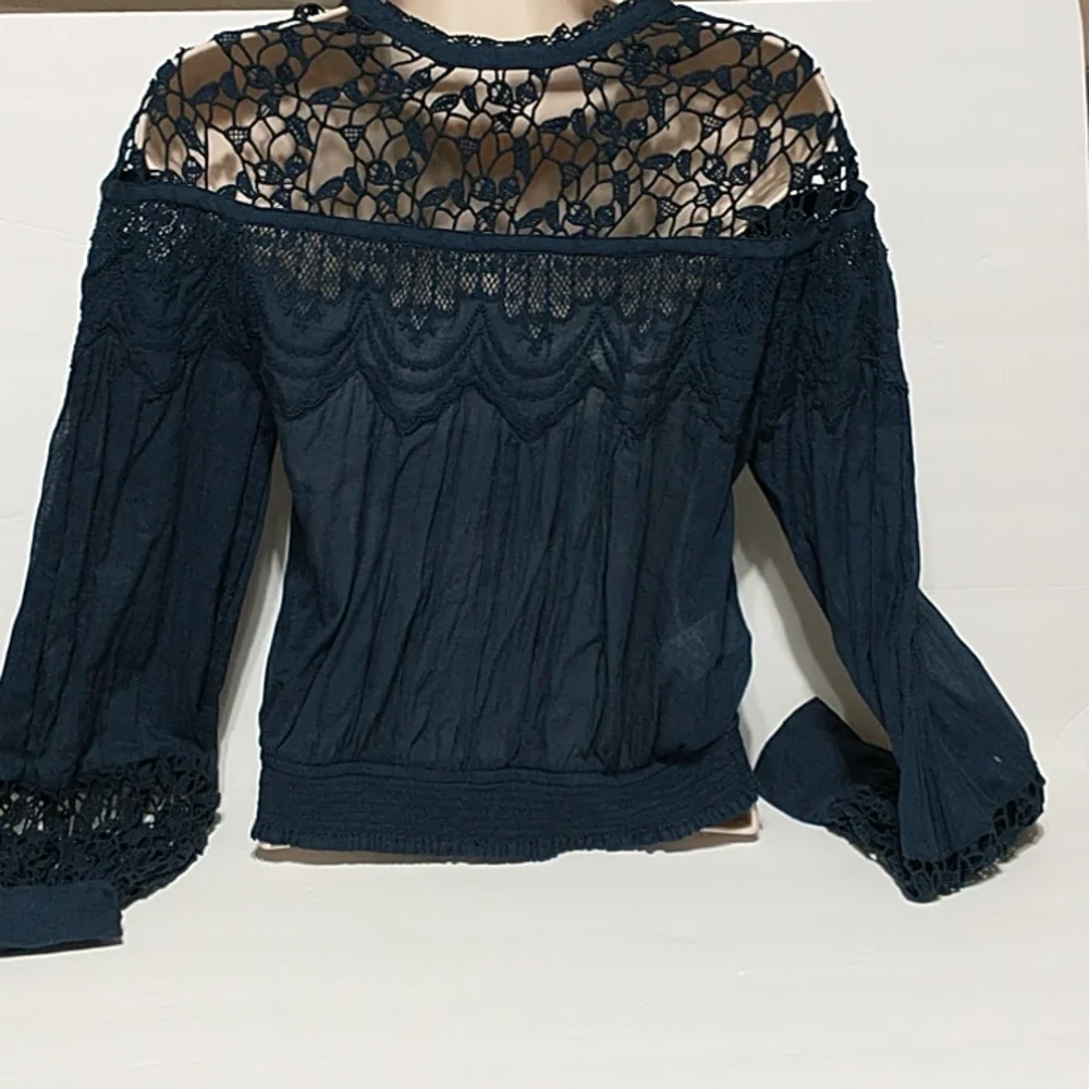 Free People Santa Paula Navy blue long sleeve blouse women size XS